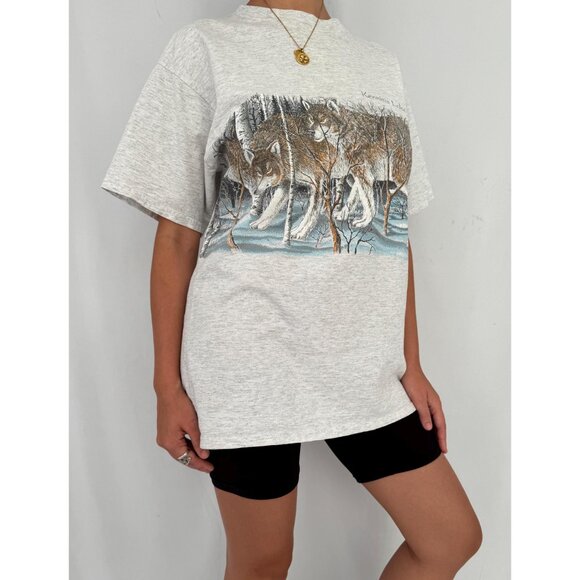 90s vintage grey wolf pack animal nature canada graphic short sleeved tee shirt - Picture 5 of 9